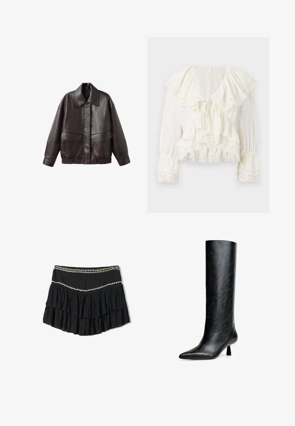 Ruskea nahkatakki, jossa on leveä kaulus, kaksi etutaskua ja joustavat kerroitut yksityiskohdat helman kohdalla. Sileä, kiiltävä pinta.; Valkoinen paita, jossa on kerroksellinen, röyhelöity muotoilu, pitsireunus hihoissa ja helmassa sekä V-pääntie, joka suljetaan nyörillä.; Mustat rypytetyt hameet, joissa on kerroksellinen muotoilu ja jossa on koristeellinen rivi hopeisia niittejä vyötärönauhassa. Teksturoitu pliseeraus tuo ulottuvuudet.; Musta polvenkorkuinen saapas, joka on valmistettu teksturoidusta nahasta. Varustettu teräväkärkisellä muotilla ja pienellä levenevällä korolla. Suora, sileä muotoilu, jossa on minimaalinen koristelu.