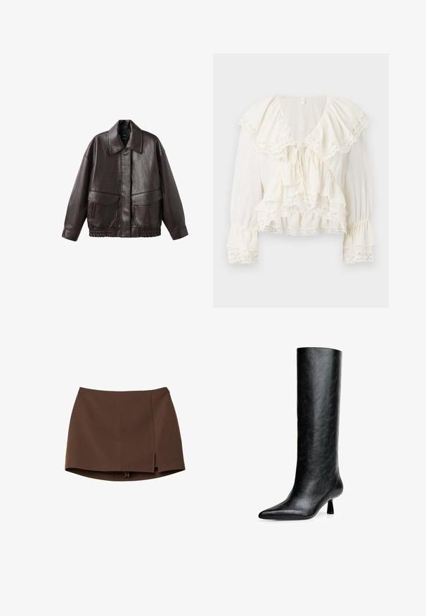 Rjava usnjena jakna z širokim ovratnikom, dvema sprednjima žepoma in elastičnimi nabrano oblikovanimi poudarki na robu. Gladka, sijoča tekstura.; Bela bluzica z večplastnim, nabranim dizajnom, čipkastim obodom na rokavih in robu ter V-izrezom z vrvico za zapiranje.; Rjava mini krilo iz gladkega blaga, z sprednjim razporkom, čistimi linijami in strukturirano prileganjem. Brez žepov ali izrazitih kovinskih detajlov.; Črne gležnjeke do kolen, narejene iz strukturirane usnje. Imajo koničast toe in majhen, razširjen peto. Eleganten, gladek dizajn z minimalnimi poudarki.