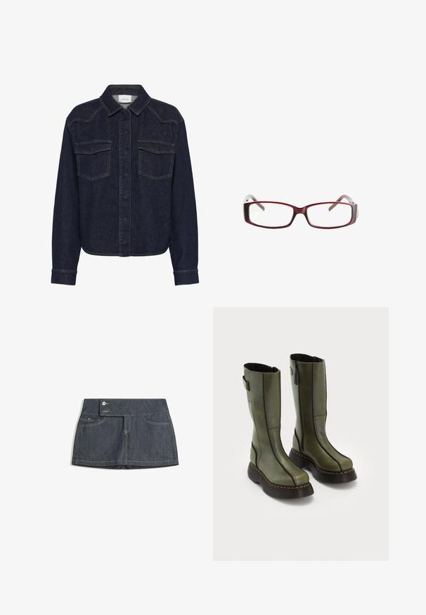 Smeđa kožna jakna s širokim ovratnikom, dva prednja džepa i elastičnim naborima na rubu. Glatka, sjajna tekstura.; Tamno traper jakna s ovratnikom, prednjim kopčanjem na tipke, dva džepa na prsima i dugim rukavima. Kontrastni šavovi kroz cijelu jaknu.; Tamna traper suknja s visokim pojasom, koja ima dva prednja džepa, kopčanje na dugme i kontrastne šavove duž rubova.; Par obu olive zeleni kožni čizama do sredine potkoljenice s crnim debelim potplatima i narančastim šavovima, s bočnim patentnim zatvaračem i detaljem trake na gornjem stražnjem dijelu.; Crvene pravokutne naočale s elegantnim dizajnom. Prozorne leće, blago prozirne drške i gradijentni efekt od crvene do sive.; Crna kožna torba s opuštenim oblikom, ukrašena srebrnim kružnim zakovicama i jednim remenom za rame. Glatka tekstura i sjajan završetak.