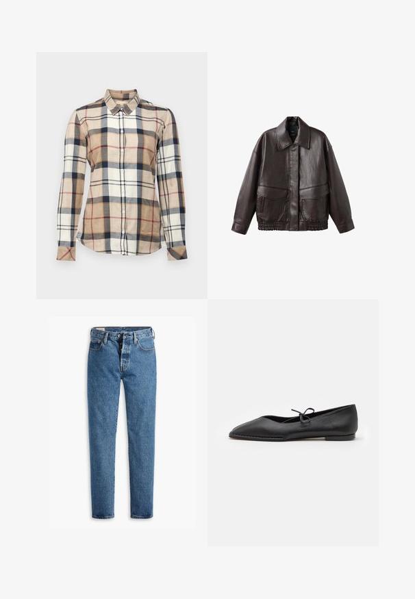 Brown leather jacket with a broad collar, two front pockets, and elastic gathered accents at the hem. Smooth, glossy texture.; Collared long-sleeve shirt with a beige, cream, and navy plaid pattern. Features button closure and textured fabric with varied squares.; Light blue denim jeans with a straight cut, five pockets, and standard button-fly closure. Features orange stitching and a slightly faded texture.; ALOHAS SWAY - Ballet pumps - black