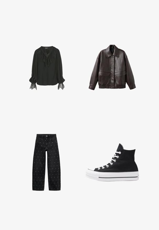 Brun læderjakke med en bred krave, to forlommer og elastiske samlinger ved kanten. Glat, blank tekstur.; Sort bluse med en blonderuffelkrave og blonderdetaljer ved ærmeenderne. Blød stof med en afslappet pasform og v-halsdesign.; Sorte denim bredbuks med et mønster af små sølvøjer, med et klassisk fem-lomme design og knaplukning foran.; Højtop sort lærredssko med hvide øjetter, snørebånd og gummisål. Har en tekstureret tåhætte og sorte og hvide stribe-accenter.