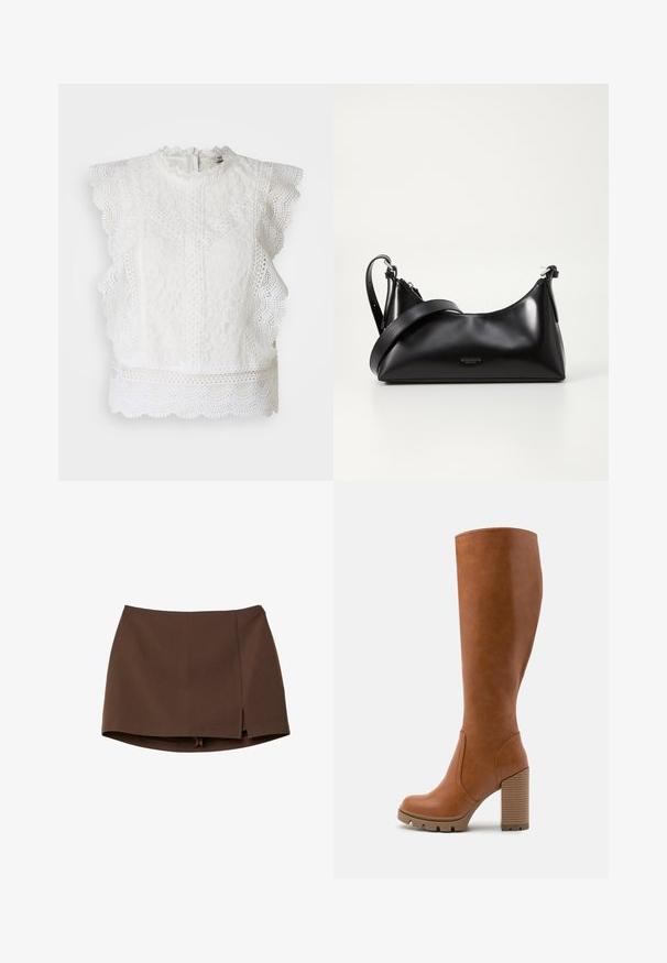 Brun læderjakke med en bred krave, to forlommer og elastiske samlinger ved kanten. Glat, blank tekstur.; Hvid blonde top med bølgede kanter, høj hals og indviklede blomstermønstre. Lynlås i ryggen og tekstureret stof hele vejen igennem.; Brun mininederdel lavet af glat stof, med en frontslids, rene linjer og en struktureret pasform. Ingen lommer eller markante hardware detaljer.; Anna Field Højhælede støvler - cognac; Sort læderhåndtaske med en glat tekstur. Har en justerbar stropp og et enkelt, minimalistisk design med lynlås.