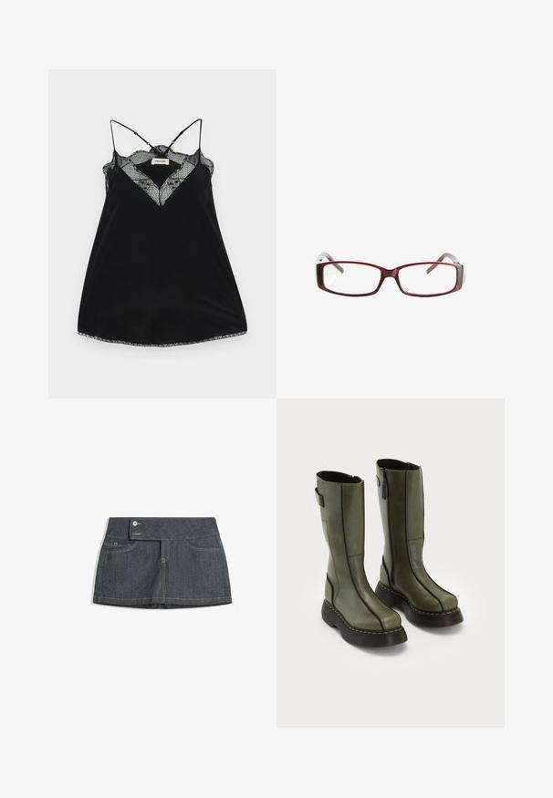 Brun læderjakke med en bred krave, to forlommer og elastiske samlinger ved kanten. Glat, blank tekstur.; Sort camisole med justerbare stropper, prydet med en blonderede V-udskæring og bølgede kanter. Glat stof med en let glans.; Mørk denimnederdel med høj talje, der har to forlommer, en knaplukning og kontrastsying langs kanterne.; Et par olivengrønne læderstøvler til midten af læggen med sorte tykke såler og orange syninger, som har sidelukninger med lynlås og en remdetalje på den øverste bagside.; Røde rektangulære briller med et sleekt design. Klare linser, let transparente stænger og en gradient-effekt fra rød til grå.; Sort læder håndtaske med en afslappet form, der har sølvfarvede, runde nitter og en enkelt skulderrem. Glat tekstur og blank finish.