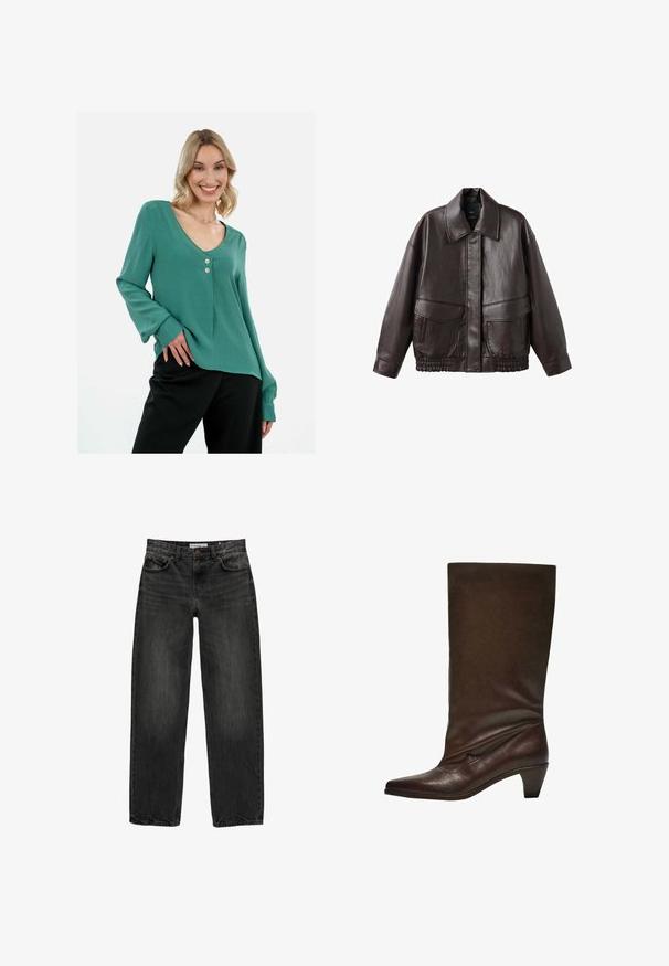 Bruine leren jas met een brede kraag, twee voortassen en elastische gathered accenten aan de onderrand. Gladde, glanzende textuur.; Tegroene blouse met lange mouwen en V-hals, drie knopen als accent en een relaxte pasvorm. De stof is glad met een subtiele textuur. Gekleed met zwarte broek.; Zwarte lange mouwen crew neck shirt met een klein wit label met de tekst "WEEKDAY" binnenin de kraag, weergegeven op een lichte achtergrond.; Zwarte denim jeans met een relaxte pasvorm, rechte pijpen, vijf-pocket ontwerp en een licht vervaagde textuur. Knop- en ritssluiting aan de voorkant.; Donkerbruin leren laars tot net onder de knie met een lage stapelhak, puntige neus en een lichtslappe schacht op een witte achtergrond.