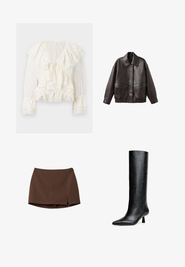 Ruskea nahkatakki, jossa on leveä kaulus, kaksi etutaskua ja joustavat kerroitut yksityiskohdat helman kohdalla. Sileä, kiiltävä pinta.; Valkoinen paita, jossa on kerroksellinen, röyhelöity muotoilu, pitsireunus hihoissa ja helmassa sekä V-pääntie, joka suljetaan nyörillä.; Ruskea minihame, valmistettu sileästä kankaasta, jossa etumallinen halkio, siistit linjat ja jämäkkä istuvuus. Ei taskuja tai näkyviä metalliosia.; Musta polvenkorkuinen saapas, joka on valmistettu teksturoidusta nahasta. Varustettu teräväkärkisellä muotilla ja pienellä levenevällä korolla. Suora, sileä muotoilu, jossa on minimaalinen koristelu.