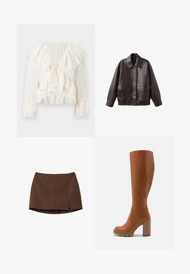 Brązowa skórzana kurtka z szerokim kołnierzem, dwiema przednimi kieszeniami oraz elastycznymi marszczeniami na dolnej krawędzi. Gładka, błyszcząca tekstura.; Biała bluzka z warstwowym, falbaniastym wzorem, koronkowym wykończeniem na rękawach i u dołu oraz dekoltem w kształcie litery V z regulowanym sznurkiem.; Brązowa mini spódnica wykonana z gładkiej tkaniny, z przednim rozcięciem, czystymi liniami i dopasowanym fasonem. Bez kieszeni i wyróżniających się elementów metalowych.; Anna Field Kozaki na obcasie