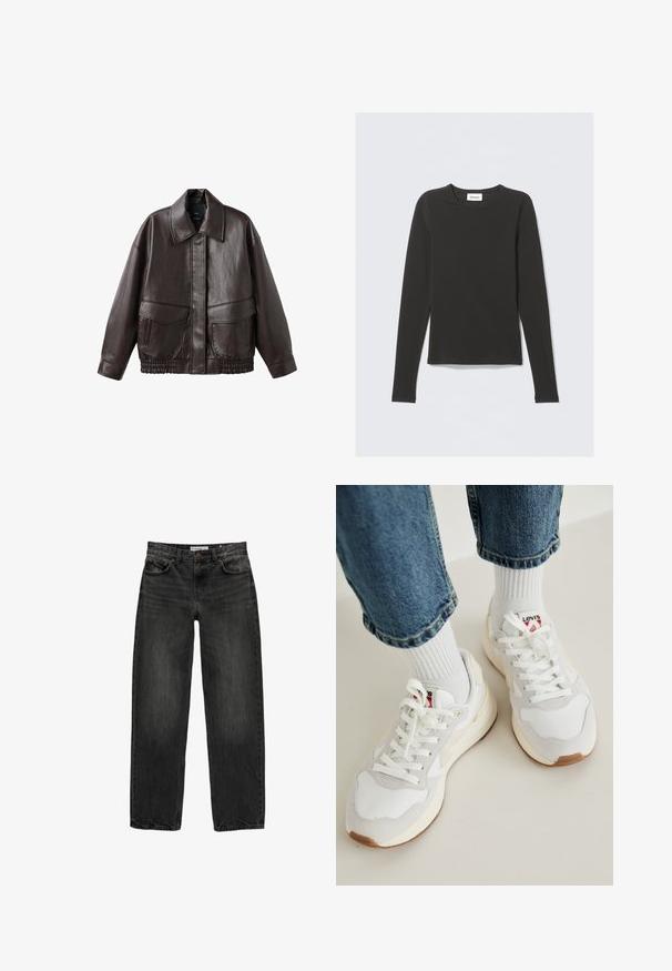 Brown leather jacket with a broad collar, two front pockets, and elastic gathered accents at the hem. Smooth, glossy texture.; Black long-sleeve crew neck shirt with a small white label reading "WEEKDAY" inside the collar, displayed on a light background.; Black denim jeans with a relaxed fit, straight leg, five-pocket design, and a slightly faded texture. Button and zipper closure at the front.; White sneakers with beige accents, lacing, and a textured toe box. Paired with ribbed white socks and cuffed blue denim jeans.