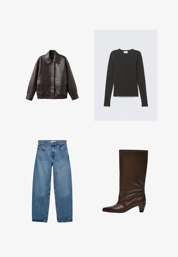 Jachetă din piele maro cu guler lat, două buzunare frontale și accente elastice strânse la tiv. Textură netedă, lucioasă.; Cămașă neagră cu mâneci lungi și guler rotund, cu un mic etiketă albă care spune "WEEKDAY" în interiorul gulerului, expusă pe un fundal deschis.; Jeans din denim albastru deschis, cu o croi lejer, picioare drepte, design cu cinci buzunare și închidere cu nasture. Țesătura are o textură moale cu decolorare subtilă.; Bota din piele maro închis, până la jumătatea gambei, cu toc joas pe fir, vârf ascuțit și o tulpină ușor lăsată, pe un fundal alb.