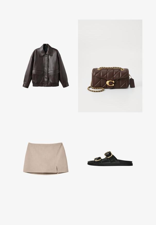 Braune Lederjacke mit breitem Kragen, zwei Fronttaschen und elastisch gerafften Akzenten am Saum. Glatte, glänzende Textur.; Braunes, übergroßes T-Shirt mit kurzen Ärmeln, Rundhalsausschnitt und kleiner, in der Mitte der Brust gestickter Logo-Applikation.; Beige Taillierte Rock aus strukturiertem Stoff mit einem leichten seitlichen Schlitz. Einfaches Design ohne zusätzliches Zubehör oder Muster.; Schwarze Riemensandale mit zwei goldenen Schnallendetails, glattem Material, flachem Sohlen und minimalistischer Gestaltung.; Gepolsterte braune Lederhandtasche mit einem goldenen Kettenriemen, goldenen Hardware-Akzenten und einem auffälligen Verschluss. Verfügt über ein strukturiertes Muster.