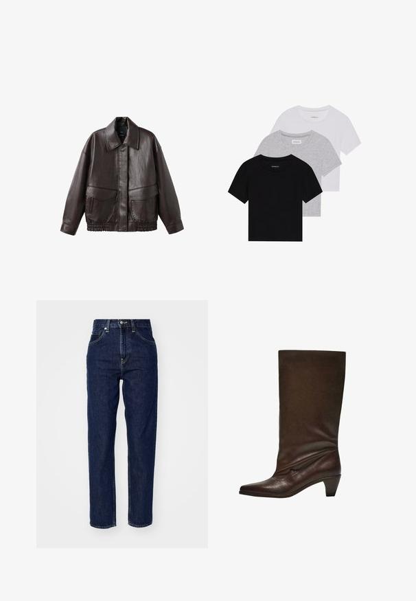 Rjava usnjena jakna z širokim ovratnikom, dvema sprednjima žepoma in elastičnimi nabrano oblikovanimi poudarki na robu. Gladka, sijoča tekstura.; Komplet treh majic s kratkimi rokavi v črni, sivi in beli barvi. Izdelane iz bombaža, z okroglim izrezom in preprostim, enobarvnim dizajnom.; Temno modri kavbojke z visokim pasom, ravnim krojem, sprednjimi žepi in diskretnimi šivi. Klasičen in vsestranski slog.; Temno rjav usnjen škorenj do sredine meč z nizko zloženim petami, ostro konico in rahlo razpotegnjenim delom proti belemu ozadju.