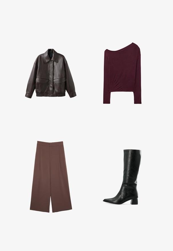 Smeđa kožna jakna s širokim ovratnikom, dva prednja džepa i elastičnim naborima na rubu. Glatka, sjajna tekstura.; Burgundska dugmadna majica dugih rukava s dizajnom bez ramena, izrađena od mekog, rastezljivog materijala, s opuštenim, slobodnim krojem i bez vidljivih uzoraka.; Smeđe hlače širokog kroja s glatkom teksturom, koje imaju visok struk i nabore sprijeda. Tkanina je lagana i slobodno se kreće.; Crne kožne čizme do koljena s šiljastim vrhom i teksturiranom površinom. Imaju kvadratnu blok petu i elegantan, uski dizajn.