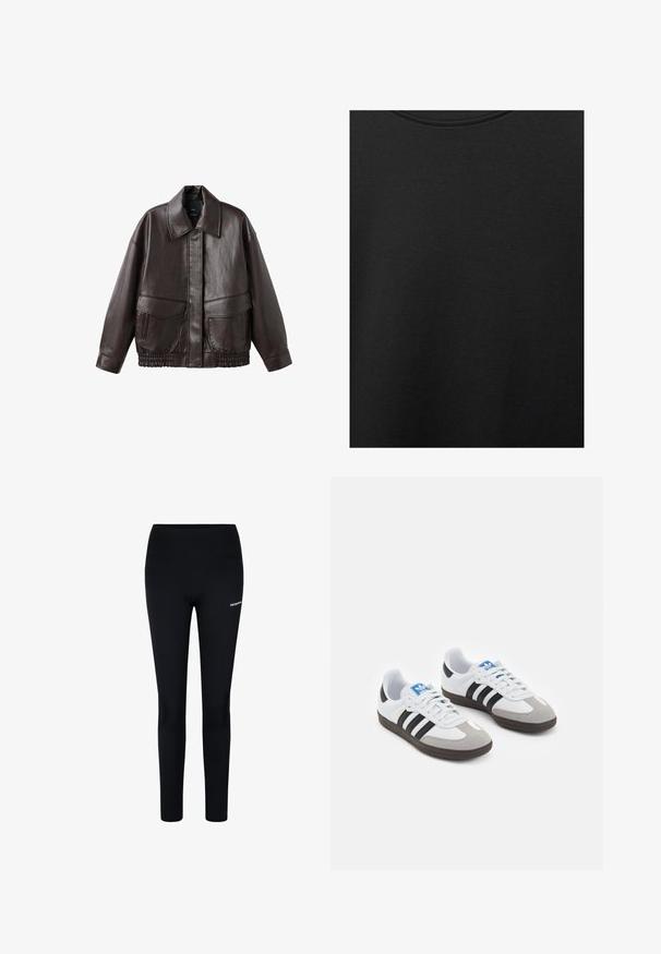 Ruskea nahkatakki, jossa on leveä kaulus, kaksi etutaskua ja joustavat kerroitut yksityiskohdat helman kohdalla. Sileä, kiiltävä pinta.; Musta puuvillakangas, jossa on sileä pinta ja pyöreä pääntie, ominaisuutena hienovarainen ja tasainen rakennekuvio. Ei näkyviä logoja tai korostuksia.; Mustat legginsit venyvästä kankaasta, joissa on korkea vyötärö ja pieni logo vasemmassa reidessä, suunniteltu mukavuutta ja liikkumavaraa varten.; Urheilukengät, joissa on valkoinen nahkainen päällinen, harmaa mokkanokka ja kolme mustaa raitaa. Ominaisuuksina sininen logo kielekkeessä ja kuvioitu kumipohja.