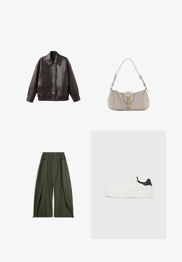 Hnedá kožená bunda so širokým golierom, dvoma prednými vreckami a elastickými zhromaždenými detailmi na spodnom leme. Hladká, lesklá textúra.; Biela bavlnená tričko s krátkymi rukávmi a okrúhlym výstrihom. S centralným grafickým motívom čierneho motýľa so vzorom plameňa. Hladká textura.; Široké nohavice v olivovo zelenej farbe, so šnúrkovým pásom, dvoma bočnými vreckami a textúrovaným povrchom.; Biele kožené tenisky s embosovaným vzorom, štruktúrovanou bielou medzipodrážkou a čiernym akcentom na päte. Majú zaoblenú špičku a ploché šnúrky.; Svetlo šedá kožená kabelka s zakriveným tvarom, zlatými kovovými prvkami, predným zapínaním a prešitými detailmi. Súčasťou je nastaviteľný ramenný popruh.