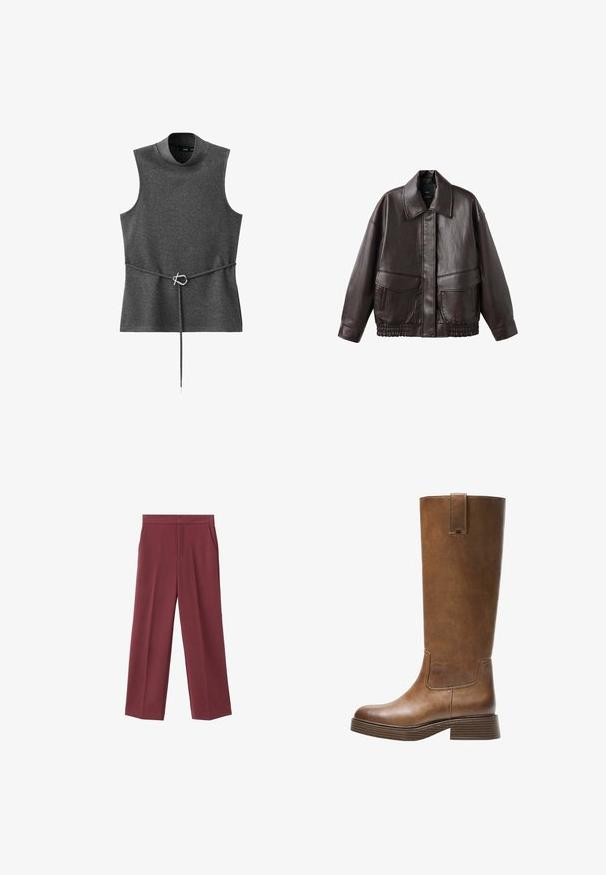 Bruine leren jas met een brede kraag, twee voortassen en elastische gathered accenten aan de onderrand. Gladde, glanzende textuur.; Grijze mouwloze top met een hoge hals, gemaakt van zachte stof. Beschikt over een taille met een riem en een zilveren metalen sluiting. Eenvoudig, gestructureerd ontwerp.; Bordeaux brede broek met een zachte textuur, voorzien van zijzakken en een hoogtaille ontwerp. Strak gesneden met een nette voorplooi.; Bruine leren laars tot de knie met een ronde neus, gestructureerd oppervlak en een lage, gestapelde hak. Beschikt over een zijpaneel en een aantrektap aan de bovenkant.