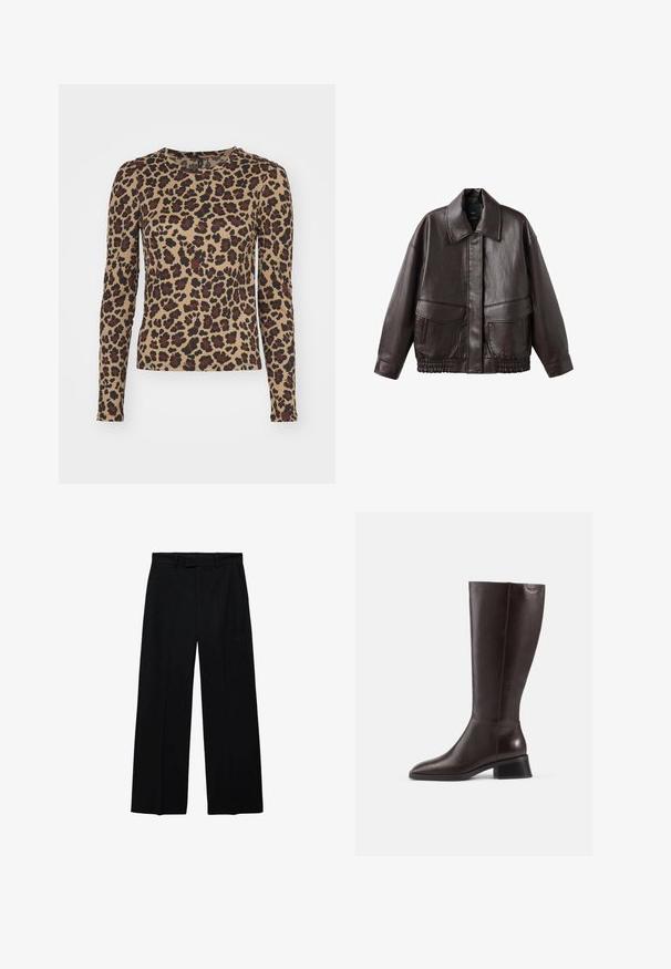 Jachetă din piele maro cu guler lat, două buzunare frontale și accente elastice strânse la tiv. Textură netedă, lucioasă.; Bluză cu mânecă lungă în nuanțe de bej, cu un model de leopard ce prezintă pete maronii și negre. Decolteu rotund și design mulat. Textură a materialului moale.; Pantaloni negri cu talie înaltă, cu croi evazat, prevăzuți cu bucle pentru curea și buzunare laterale, având închidere cu fermoar și buton frontal.; Botine din piele maro, până la genunchi, cu finisaj neted, vârf rotund și toc negru, stratificat. Design simplu, cu detalii hardware minime.