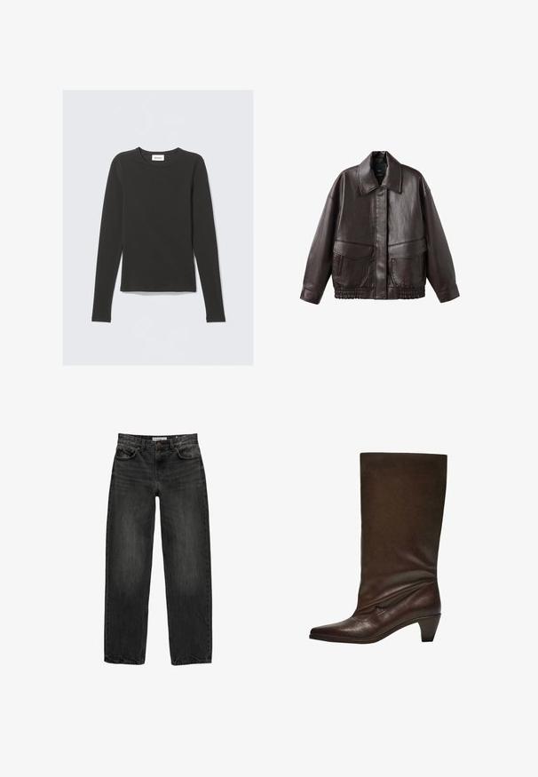 Rjava usnjena jakna z širokim ovratnikom, dvema sprednjima žepoma in elastičnimi nabrano oblikovanimi poudarki na robu. Gladka, sijoča tekstura.; Črna majica z dolgimi rokavi in krobnim ovratnikom, z majhno belo nalepko z napisom "WEEKDAY" znotraj ovratnika, prikazana na svetli podlagi.; Črne jeans hlače s sproščenim krojem, ravnimi nogavicami, petimi žepi in rahlo zbledelim videzom. Zapenjanje na gumb in zadrgo spredaj.; Temno rjav usnjen škorenj do sredine meč z nizko zloženim petami, ostro konico in rahlo razpotegnjenim delom proti belemu ozadju.