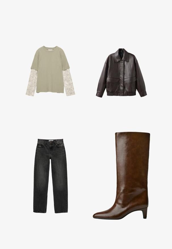 Bruine leren jas met een brede kraag, twee voortassen en elastische gathered accenten aan de onderrand. Gladde, glanzende textuur.; Katoenen blend, khaki groene top met korte mouwen en lange, gestreepte lichtgrijze mouwen met een gestructureerd ontwerp.; Zwarte denim jeans met een relaxte pasvorm, rechte pijpen, vijf-pocket ontwerp en een licht vervaagde textuur. Knop- en ritssluiting aan de voorkant.; Bruine leren kniehoog laars met een spitse neus en een taps toelopende hak, met een gladde textuur en eenvoudig ontwerp.