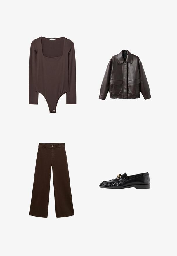 Brun læderjakke med en bred krave, to forlommer og elastiske samlinger ved kanten. Glat, blank tekstur.; Brun langærmet bodysuit med firkantet udskæring og trykknaplukninger ved skridtet, lavet af et glat, strækbart stof.; Brune viddebukser i en bomuldsblanding, med en frynset kant, frontknaplukning og klassisk fem-lomme design. Minimalistiske og alsidige.; Sort læder loafer med rund tå, samlet tekstur og guldhardware-accenter. Flad hæl og glat finish overalt.