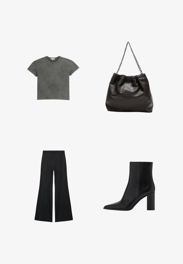 Brązowa skórzana kurtka z szerokim kołnierzem, dwiema przednimi kieszeniami oraz elastycznymi marszczeniami na dolnej krawędzi. Gładka, błyszcząca tekstura.; Czarny t-shirt w luźnym fasonie, z krótkimi rękawami, okrągłym dekoltem i subtelną teksturą, z czystym wykończeniem i detalami w szyciu.; Czarne spodnie o szerokich nogawkach z gładką teksturą, z przodu ozdobione zakładkami i skrojonym fasonem. Materiał jest lekki i zwiewny.; Czarny skórzany botek za kostkę z ostrywnym noskiem, kwadratowym obcasem, gładką fakturą oraz detalami szycia wzdłuż szwów. Wysokość obcasów wynosi około 3,5 cala.; Brązowa skórzana torba z marszczonym szczytem i łańcuszkowym paskiem. Gładka tekstura z błyszczącym wykończeniem i subtelnymi detalami szwów po bokach.