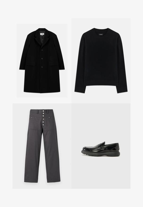 Mustasta villakangastakista, jossa on viisteellinen kaulus, viisi nappia, kaksi etutaskua ja sileä pinta, ulottuu reiden puoliväliin saakka.; Mustapaita, joka on valmistettu pehmeästä materiaalista, jossa on pyöreä pääntie, pitkät hihat, rento istuvuus ja resorit. Yksinkertainen, yksivärinen muotoilu ilman kuvioita.; Harmaat leveälahkeiset housut kevyestä kankaasta, joissa on nappisuljenta viidellä metallinapilla ja kaksi etutaskua.; Mustat nahkakengät, joissa on kiiltävä pinta, pyöreä kärki, huomaamaton ompelu ja paksu kumipohja kestävyyttä varten.