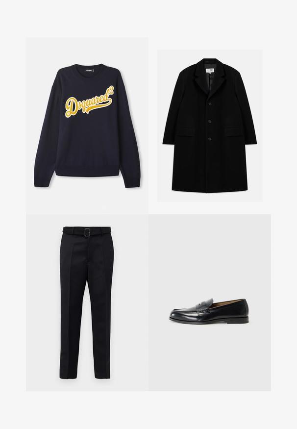 Melnas vilnas virsjakas, kurai ir iegriezts apkakle, pieci pogas, divas priekšējās kabatas un gluda tekstūra, kas sniedzas līdz vidusceļam.; Jūras spēku svīteri, kas izgatavots no mīkstas auduma, ar lielu dzeltenu izšūtu "Dsquared²" logo priekšpusē, ar ribotām apkakli, aprocēm un apakšmalu.; Melni piegriezti bikses ar gludu audumu, taisnu piegriezumu un jostu ar taisnleņķa sprādzi. Pamanāmie priekšējie iegriezumi uzlabo dizainu.; Melnas ādas loafers ar gludu apdari, noapaļotu purngalu, dekoratīvo šuvi un mazu metāla akcentu priekšā.