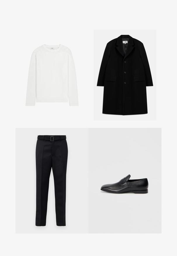 Czarny wełniany płaszcz z wyłogowym kołnierzem, pięcioma guzikami, dwoma przednimi kieszeniami i gładką fakturą, sięgający do połowy uda.; Biała bawełniana koszulka z długim rękawem, okrągłym dekoltem, prostym dołem i minimalistycznym designem. Gładka tekstura, bez wzorów czy akcentów.; Czarne dopasowane spodnie charakteryzują się gładkim materiałem, prostym krojem oraz paskiem w talii z prostokątną klamrą. Wyróżniające się przednie pliski podkreślają design.; Czarne skórzane buty wsuwane z ostrym noskiem, gładką fakturą i subtelnym logo z boku. Niski obcas z czystym, minimalistycznym designem.