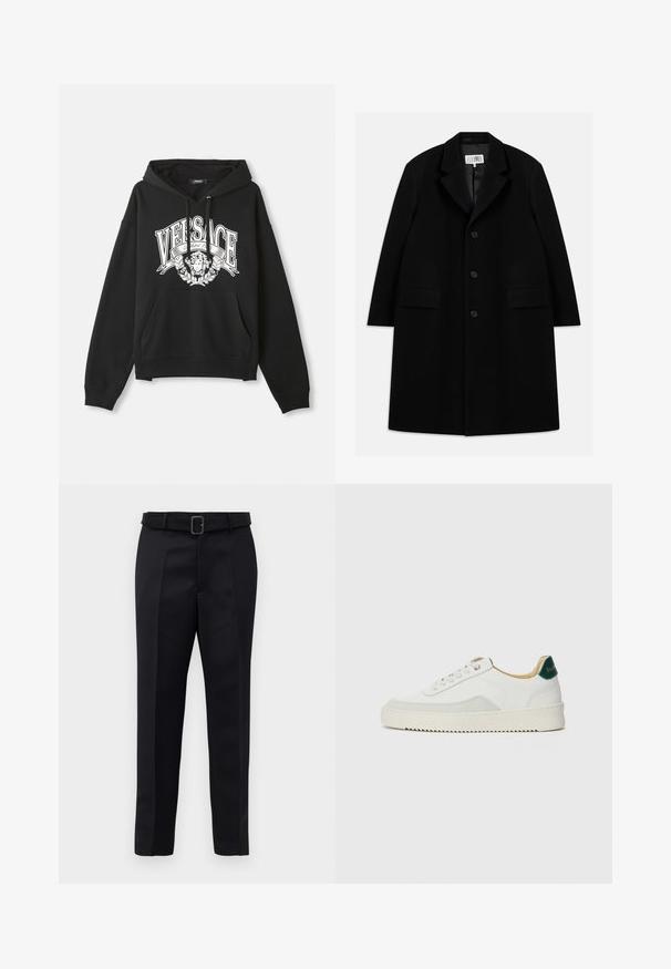Fekete gyapjú kabát, hézagolt gallérral, öt gombbal, két elülső zsebbel és sima textúrával, mid-thigh hosszúságban.; Fekete kapucnis pulóver fehér "VERSACE" felirattal és középen elhelyezett Medúza fej logóval, elöl kenguru zsebbel és húzózsinórral.; A fekete, szabott nadrág sima anyagból készült, egyenes szabású, és övvel rendelkezik, amelynek téglalap alakú csatja van. A figyelemre méltó elülső redők fokozzák a dizájnt.; Fehér sneaker suédé részletekkel, kerek orral, lapos fűzőkkel és krémszínű gumitalppal. Zöld logó található a sarkán.