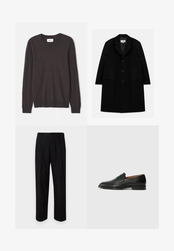 Casaco de lã preto com gola notched, cinco botões, dois bolsos dianteiros e uma textura suave, estendendo-se até a altura do meio da coxa.; Pullover de malha castanho-escuro com decote arredondado, mangas longas, punhos e bainha canelados, textura suave e etiqueta de marca minimalista.; Calças pretas de corte ajustado com um design de perna reta, textura de tecido suave e uma cintura de altura média com passantes para cinto.; Sapatilha de couro preta com biqueira arredondada, detalhes cosidos discretos e um salto baixo, apresentando uma textura suave e um design minimalista.