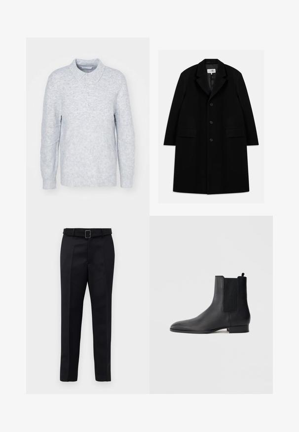 Cappotto in lana nera con colletto a risvolto, cinque bottoni, due tasche frontali e una texture liscia, che arriva a lunghezza fino a metà coscia.; Maglione grigio chiaro lavorato a maglia con scollatura a colletto, patta con tre bottoni e polsini a coste, caratterizzato da una finitura morbida e texturizzata.; I pantaloni neri su misura presentano un tessuto liscio, una linea dritta e una vita con cintura dotata di una fibbia rettangolare. Le pieghe frontali notevoli arricchiscono il design.; Stivaletto Chelsea in pelle nera con pannelli laterali elasticizzati e tacco basso impilato, mostrato di profilo su uno sfondo chiaro e uniforme.