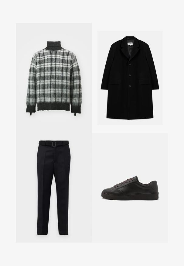 Palton negru din lână, cu guler în formă de v, cinci nasturi, două buzunare frontale și o textură fină, ajungând până la jumătatea coapsei.; Pulover cu guler înalt, în carouri gri și negre, cu o finisare moale, texturată. Are o croială lejeră și manșete ribbate. Tranziție treptată de culoare în partea de jos.; Pantalonii negri ajustați sunt fabricați dintr-un material neted, au croi drept și o talie încrustată cu o cataramă rectangulară. Pliseele frontale notabile îmbunătățesc designul.; Sneaker din piele neagră, cu vârful rotunjit, suprafață texturată, șireturi maro și o talpă din cauciuc negru groasă. Design minimalist, fără logo-uri vizibile.