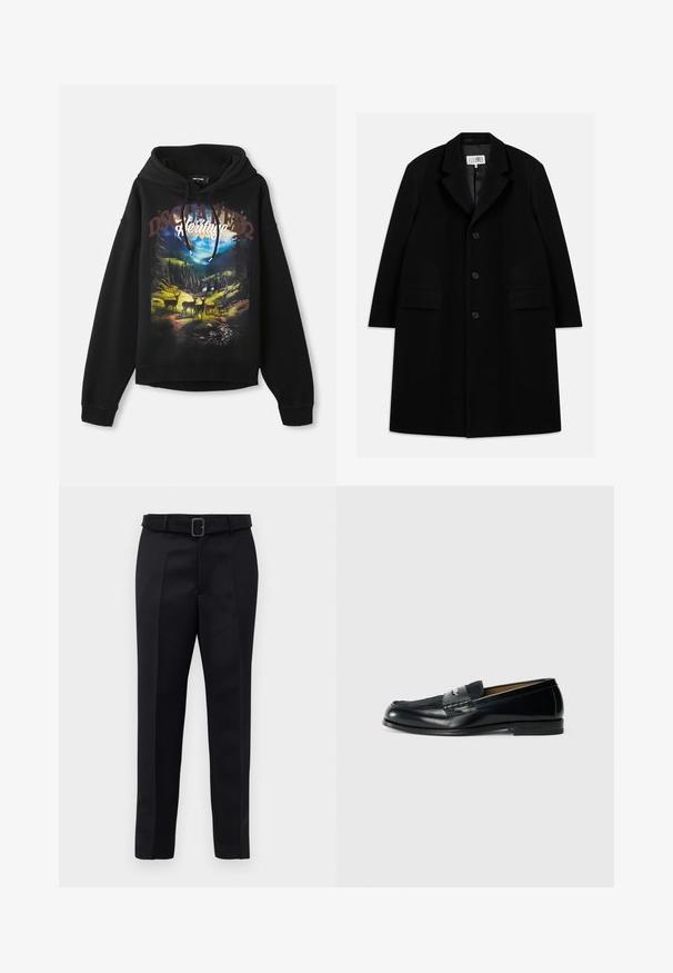 Melnas vilnas virsjakas, kurai ir iegriezts apkakle, pieci pogas, divas priekšējās kabatas un gluda tekstūra, kas sniedzas līdz vidusceļam.; Melna kapuce ar dabas tēmu grafiku, kurā attēloti staltbrieži un kalni. Ar pievilkšanas kapuci, garām piedurknēm un brīvu piegriezumu. Mīksta kokvilnas auduma.; Melni piegriezti bikses ar gludu audumu, taisnu piegriezumu un jostu ar taisnleņķa sprādzi. Pamanāmie priekšējie iegriezumi uzlabo dizainu.; Melnas ādas loafer kurpes ar teksturētu virsmu, pītas akcentiem un gludu apdari. Zems papēdis un minimālisma dizains.