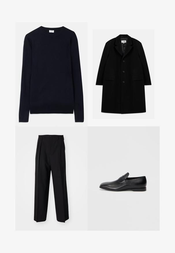 Fekete gyapjú kabát, hézagolt gallérral, öt gombbal, két elülső zsebbel és sima textúrával, mid-thigh hosszúságban.; Sötétkék, kerek nyakú pulóver, puha anyagból készült, hosszú ujjal és bordás részletekkel a nyaknál és a szegélyen. Tiszta, minimális dizájn.; Fekete, pliszírozott nadrág, egyenes, széles lábakkal. Sima anyagból készült, gombos záródással és övhurkokkal rendelkezik.; Fekete bőr, slip-on stílusú cipő, hegyes orral, sima textúrával és diszkrét logóval az oldalon. Alacsony sarokkal és letisztult, minimalista dizájnnal.