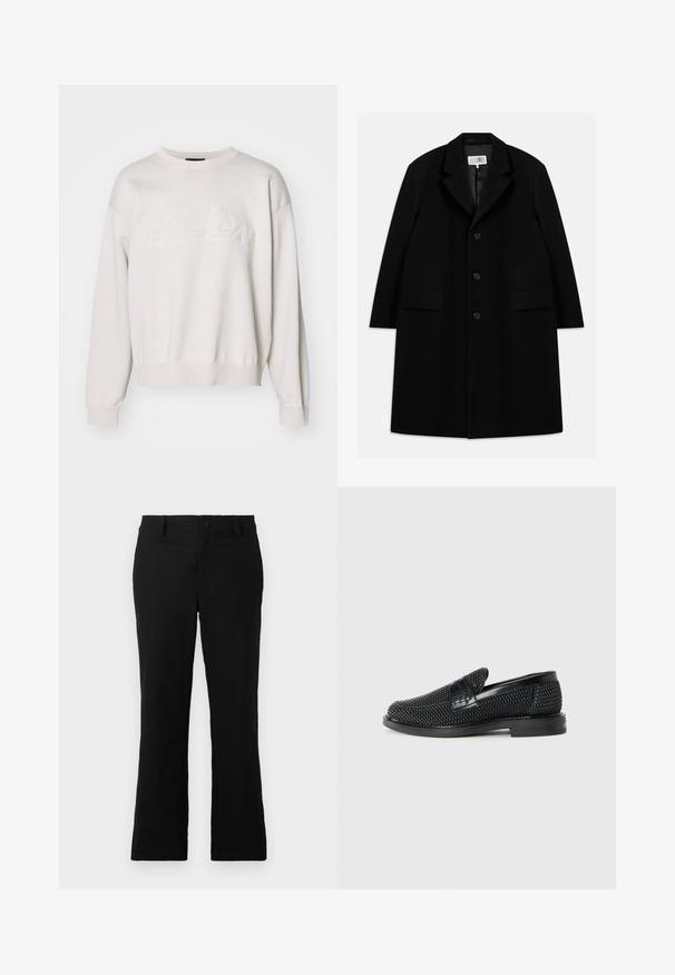 Mustasta villakangastakista, jossa on viisteellinen kaulus, viisi nappia, kaksi etutaskua ja sileä pinta, ulottuu reiden puoliväliin saakka.; Valkoinen neulepusero, jossa on pyöreä pääntie ja ribbaushelmassa. Edessä on teksturoidulla logolla varustettu design ja tippuva olkalinja.; Mustat levenevät housut, jotka on valmistettu puuvillasekoitekankaasta. Housuissa on nappikiinnitys, vyölenkit ja sileä rakenne ilman näkyviä kuvioita.; Musta kudottu liukupohjallinen kenka, jossa on sileä nahkakorostus päällisessä, pyöreä kärki ja matala kumipohja.