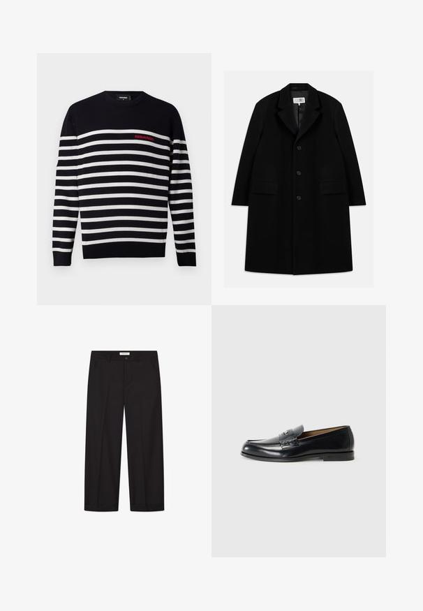 Schwarzer Wollmantel mit Reverskragen, fünf Knöpfen, zwei Fronttaschen und glatter Textur, der bis zur Mitte des Oberschenkels reicht.; Marineblau-weiß gestreifter Pullover mit Rundhalsausschnitt, der ein rotes "DSQUARED2"-Logo auf der linken Brust trägt. Weicher Strickstoff.; Schwarze Weite Hosen aus glattem Stoff. Besitzt einen Knopf- und Reißverschluss, zwei Fronttaschen und einen sauberen Saumabschluss.; Schwarze Ledermokassins mit glatter Oberfläche, runder Zehenform, dekorativer Naht und einem kleinen Metallelement an der Vorderseite.