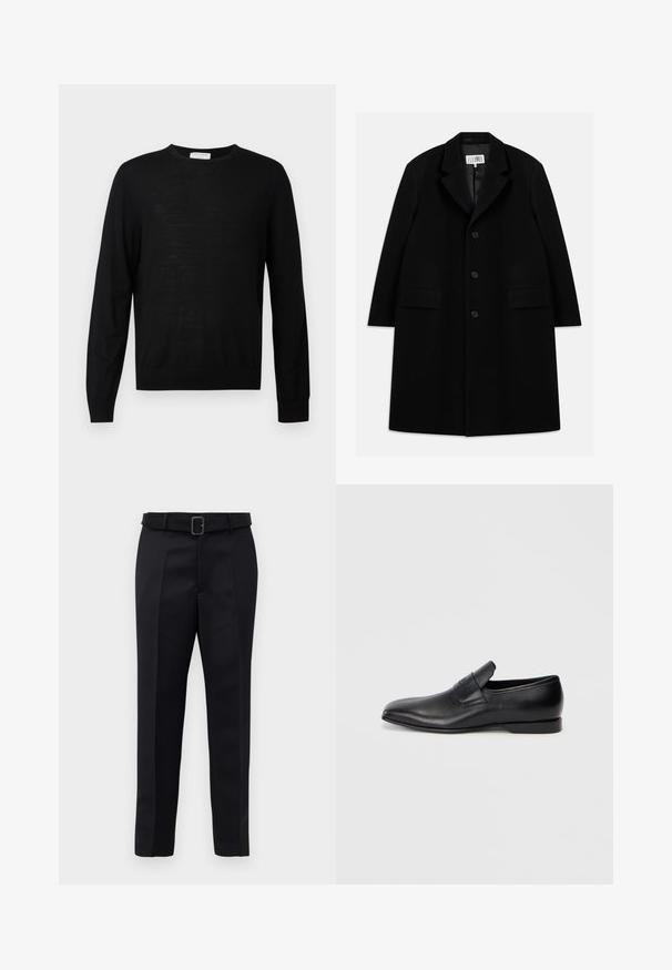 Czarny wełniany płaszcz z wyłogowym kołnierzem, pięcioma guzikami, dwoma przednimi kieszeniami i gładką fakturą, sięgający do połowy uda.; Czarny sweter z długim rękawem, wykonany z miękkiego materiału, z okrągłym dekoltem, ściągaczami przy mankietach i prostym dołem. Minimalistyczny design, bez wzorów.; Czarne dopasowane spodnie charakteryzują się gładkim materiałem, prostym krojem oraz paskiem w talii z prostokątną klamrą. Wyróżniające się przednie pliski podkreślają design.; Czarne skórzane buty wsuwane z ostrym noskiem, gładką fakturą i subtelnym logo z boku. Niski obcas z czystym, minimalistycznym designem.
