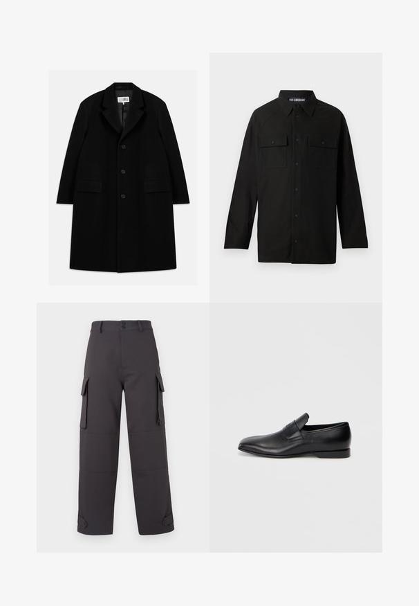 Černý vlněný kabát s klopovým límcem, pěti knoflíky, dvěma předními kapsami a hladkým povrchem, sahající až k délce mid-thigh.; Černá košile na knoflíky s límečkem, dlouhými rukávy, dvěma náprsními kapsami s klopami a rovým lemem. Vyrobena z hladkého materiálu.; Cargo kalhoty v tmavě šedé barvě, vyrobené z hladké tkaniny, s dvěma bočními kapsami a knoflíkovým zapínáním. Volný střih s manžetami na nohavicích.; Černá kožená slip-on obuv s špičatou špičkou, hladkou texturou a jemným logem na boku. Nízký podpatek s čistým, minimalistickým designem.