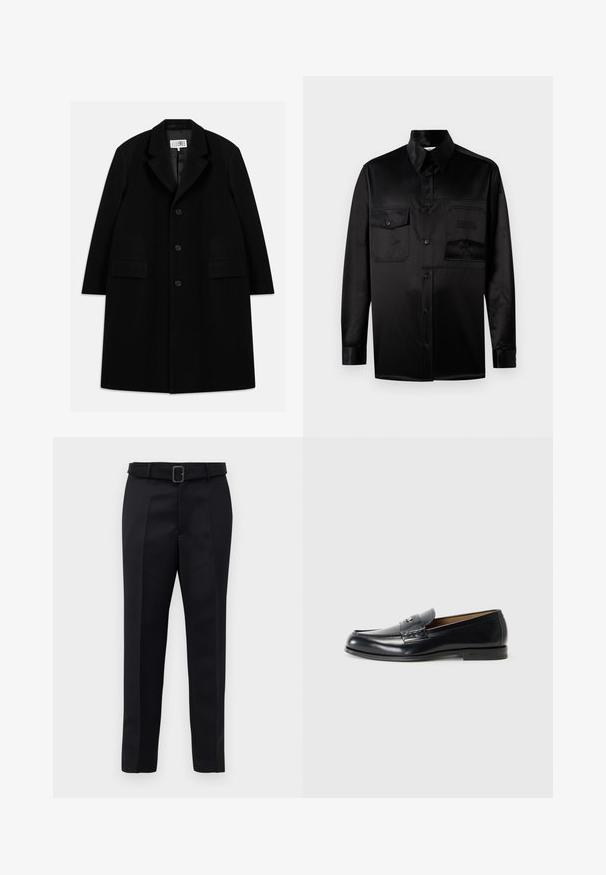 Čierny vlnený kabát s vystrihom, piatimi gombíkmi, dvoma prednými vreckami a hladkým povrchom, s dĺžkou po stred stehna.; Čierna košeľa s dlhým rukávom vyrobená z hladkej látky. Obsahuje špicatý golier, predné zapínanie na gombíky a dve náprsné vrecká so chlopňou.; Čierne bavlnené tričko s okrúhlym výstrihom, krátkymi rukávmi a obdĺžnikovou bielou nálepkou so číslami a grafickým dizajnom.; Čierne nohavice na mieru majú hladkú tkaninu, rovný strih a opasok s obdĺžnikovou sponou. Výrazné predné skladky zvýrazňujú dizajn.; Čierne kožené mokasíny s hladkým povrchom, okrúhlou špičkou, dekoratívnym prešívaním a malým kovovým akcentom na prednej strane.