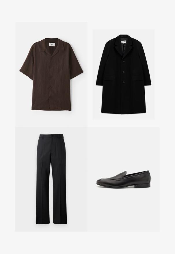 Palton negru din lână, cu guler în formă de v, cinci nasturi, două buzunare frontale și o textură fină, ajungând până la jumătatea coapsei.; Cămașă cu mânecă scurtă, cu nasturi, dintr-un material de culoare maro închis, cu guler plat. Prezintă un croi lejer și o textură subtilă. Fără modele sau accente vizibile.; Pantaloni negri cu picioare drepte, cu bucle pentru curea, nasture frontal și închidere cu fermoar, expuși pe un fundal alb simplu.; Mocasini din piele neagră, cu un design elegant, vârf rotund și toc mic, împăturit. Prezintă un detaliu decorativ cusut pe partea superioară.