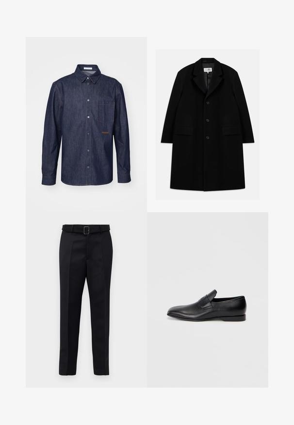 Czarny wełniany płaszcz z wyłogowym kołnierzem, pięcioma guzikami, dwoma przednimi kieszeniami i gładką fakturą, sięgający do połowy uda.; Ciemnoniebieska koszula dżinsowa z zapięciem na guziki z przodu, wyraźnym kołnierzykiem, jedną kieszenią na piersi oraz kontrastującymi detalami w szwach.; Czarny bawełniany t-shirt z okrągłym dekoltem, krótkimi rękawami i prostokątną białą metką z numerami i graficznym wzorem.; Czarne dopasowane spodnie charakteryzują się gładkim materiałem, prostym krojem oraz paskiem w talii z prostokątną klamrą. Wyróżniające się przednie pliski podkreślają design.; Czarne skórzane buty wsuwane z ostrym noskiem, gładką fakturą i subtelnym logo z boku. Niski obcas z czystym, minimalistycznym designem.