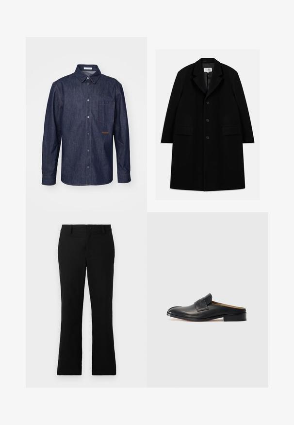 Sort uld overfrakke med notched krave, fem knapper, to forlommer og en glat tekstur, der strækker sig til midt-lår længde.; Mørk denimskjorte med knaplukning foran, spids krave, enkelt brystlomme og kontrasterende syninger.; Sorte flagrende bukser lavet af en blanding af bomuldsstof, med knaplukning, bælteløkker og en glat tekstur uden synlige mønstre.; Sort læder slip-on sko med rund tå, lav blokhæl og en frontrem. Glat overflade med subtil logo detalje på remmen.