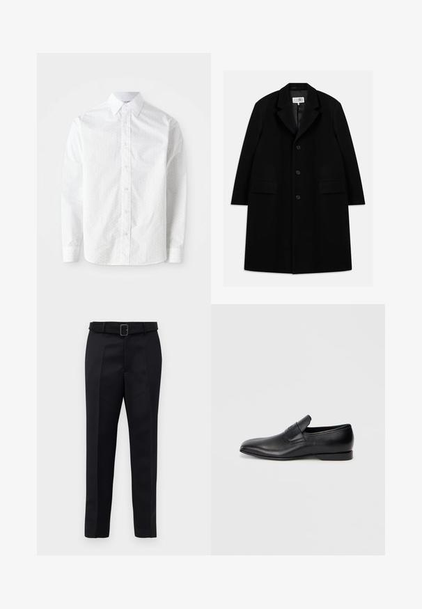 Czarny wełniany płaszcz z wyłogowym kołnierzem, pięcioma guzikami, dwoma przednimi kieszeniami i gładką fakturą, sięgający do połowy uda.; Biała koszula z długim rękawem, wykonana z gładkiej bawełny, z subtelnym wzorem kropek, klasycznym kołnierzykiem, zapinana na guziki oraz zaokrąglonymi mankietami.; Czarne dopasowane spodnie charakteryzują się gładkim materiałem, prostym krojem oraz paskiem w talii z prostokątną klamrą. Wyróżniające się przednie pliski podkreślają design.; Czarne skórzane buty wsuwane z ostrym noskiem, gładką fakturą i subtelnym logo z boku. Niski obcas z czystym, minimalistycznym designem.