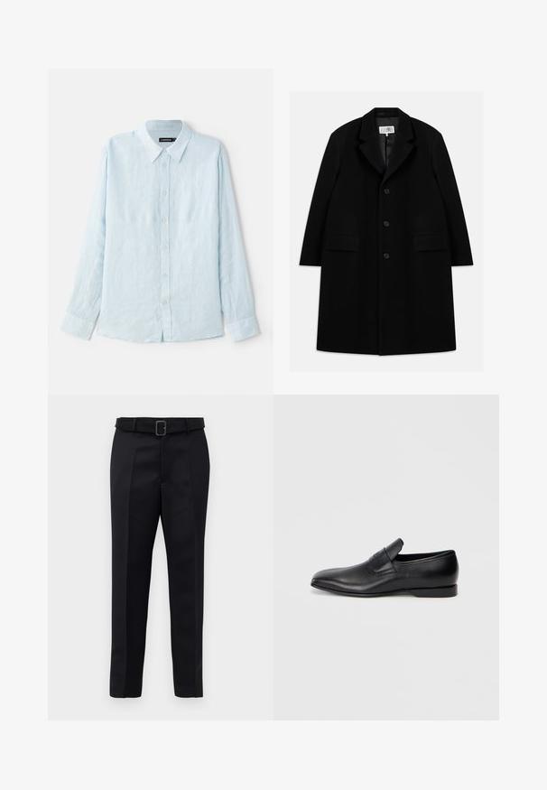 Juodas vilnonis paltas su įpjovimu, penkiais mygtukais, dviem priekinėm kišenėm ir lygiu paviršiumi, siekiantis iki vidurio šlaunies.; Šviesiai mėlynas ilgomis rankovėmis marškinis, pagamintas iš lino, su mygtukų uždarymu priekyje, smailiu apykakle ir standartinėmis rankogaliais. Minkšta tekstūra, minimalistinis dizainas.; Juodos pritaikytos kelnės turi lygią medžiagą, tiesų kirpimą ir diržą su stačiakampiu sagtimi. Išskirtiniai priekiniai raukšliai pagerina dizainą.; Juodos odinės slip-on tipo bateliai su smailiu pirštu, lygia tekstūra ir subtiliu ženklinimu šone. Žemas kulnas su tvarkingu, minimalistiniu dizainu.
