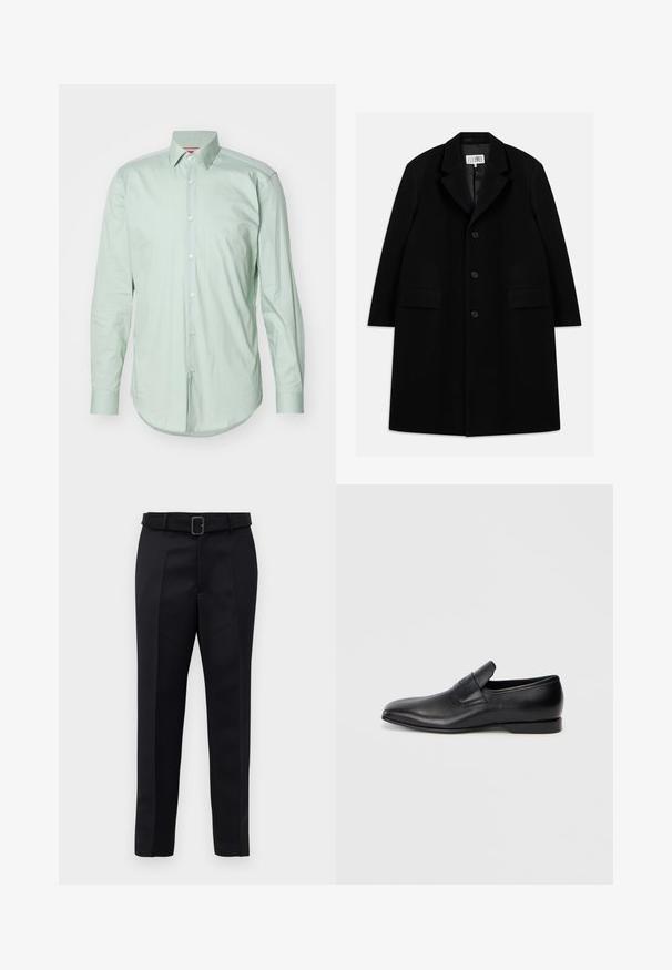 Juodas vilnonis paltas su įpjovimu, penkiais mygtukais, dviem priekinėm kišenėm ir lygiu paviršiumi, siekiantis iki vidurio šlaunies.; HUGO KENNO - Dalykiniai marškiniai - light/pastel green; Juodos pritaikytos kelnės turi lygią medžiagą, tiesų kirpimą ir diržą su stačiakampiu sagtimi. Išskirtiniai priekiniai raukšliai pagerina dizainą.; Juodos odinės slip-on tipo bateliai su smailiu pirštu, lygia tekstūra ir subtiliu ženklinimu šone. Žemas kulnas su tvarkingu, minimalistiniu dizainu.