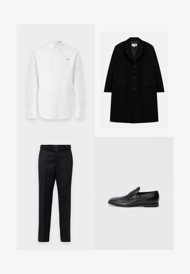Black wool overcoat featuring a notched collar, five buttons, two front pockets, and a smooth texture, extending to mid-thigh length.; White long-sleeve shirt in cotton, featuring a button-up front, light pink buttons, and black text "NN. 07" on the left chest.; Black tailored trousers feature a smooth fabric, straight cut, and a belted waist with a rectangular buckle. Notable front creases enhance the design.; Black leather slip-on shoe with a pointed toe, smooth texture, and subtle branding on the side. Low heel with a clean, minimal design.
