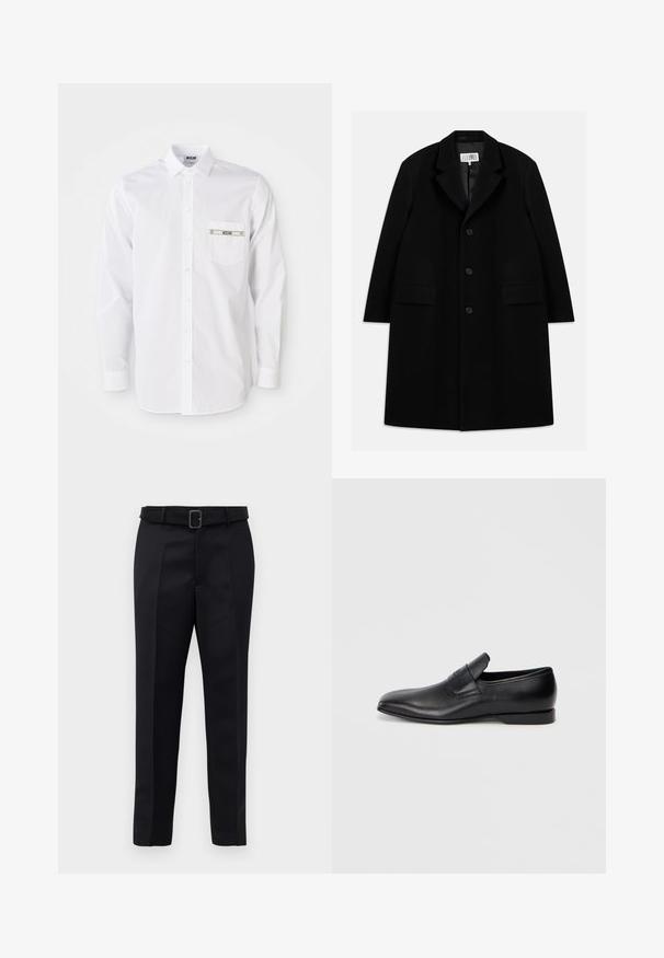 Black wool overcoat featuring a notched collar, five buttons, two front pockets, and a smooth texture, extending to mid-thigh length.; White long-sleeve shirt made of cotton. Features a button-up front, pointed collar, and a small pocket with branding on the chest.; Black tailored trousers feature a smooth fabric, straight cut, and a belted waist with a rectangular buckle. Notable front creases enhance the design.; Black leather slip-on shoe with a pointed toe, smooth texture, and subtle branding on the side. Low heel with a clean, minimal design.