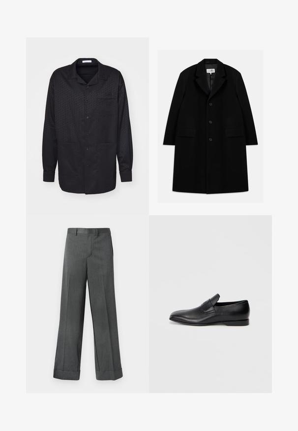 Must värviline villane ülerõivast, millel on nurgeline krae, viis nuppu, kaks esimist taskut ja sile tekstuur, ulatudes keskmise reie pikkuseni.; Mustra musta nööbitav särk, millel on peen tekstuur, pikkade varrukatega, sälguga krae ja üks rinnakotis. Pehme kangas ja klassikaline disain.; Halli, laiad püksid tekstureeritud kangast, millel on lame eesmine osa, vöökohal aasad ja mansetid. Ümberlõigatud disain, milleta nähtavaid taskuid.; Must musta libisemisega king, millel on terav varvas, sile tekstuur ja tagasihoidlik bränding küljel. Madal konts puhta ja minimalistliku disainiga.