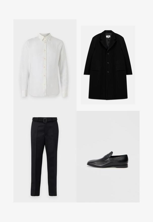 Fekete gyapjú kabát, hézagolt gallérral, öt gombbal, két elülső zsebbel és sima textúrával, mid-thigh hosszúságban.; Fehér hosszúujjú gombos ing lenből készült. Klasszikus gallérral, elöl gombos záródással és megkötött ujjal rendelkezik. Sima, könnyű textúrájú.; A fekete, szabott nadrág sima anyagból készült, egyenes szabású, és övvel rendelkezik, amelynek téglalap alakú csatja van. A figyelemre méltó elülső redők fokozzák a dizájnt.; Fekete bőr, slip-on stílusú cipő, hegyes orral, sima textúrával és diszkrét logóval az oldalon. Alacsony sarokkal és letisztult, minimalista dizájnnal.