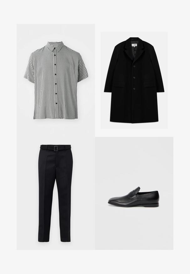 Schwarzer Wollmantel mit Reverskragen, fünf Knöpfen, zwei Fronttaschen und glatter Textur, der bis zur Mitte des Oberschenkels reicht.; Kurzarm-Hemd mit Knopfleiste in Schwarz-Weiß-Karomuster, ausgestattet mit einem klassischen Kragen und schwarzen Knöpfen auf der Vorderseite.; Schwarze maßgeschneiderte Hosen aus glattem Stoff, mit geradem Schnitt und einem Bund mit rechteckiger Schnalle. Auffällige Frontfalten betonen das Design.; Schwarzer Leder-Slipper mit spitzer Zehe, glatter Textur und dezentem Branding an der Seite. Niedriger Absatz mit einem klaren, minimalistischen Design.