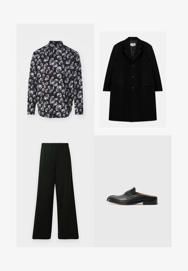Palton negru din lână, cu guler în formă de v, cinci nasturi, două buzunare frontale și o textură fină, ajungând până la jumătatea coapsei.; Cămașă neagră cu mânecă lungă, cu un model de trandafiri albi, guler și închidere cu nasturi. Fabricată dintr-un material ușor, cu o textură netedă.; Pantaloni negri cu picioare largi, confectionați dintr-un material moale. Prezintă un brau elastic, o textură netedă și un design simplu, modern, fără modele.; Pantof cu talpă interioară din piele neagră, cu vârful rotunjit, toc mic blocat și o curea frontală. Textură netedă cu un detaliu subtil al logo-ului pe curea.
