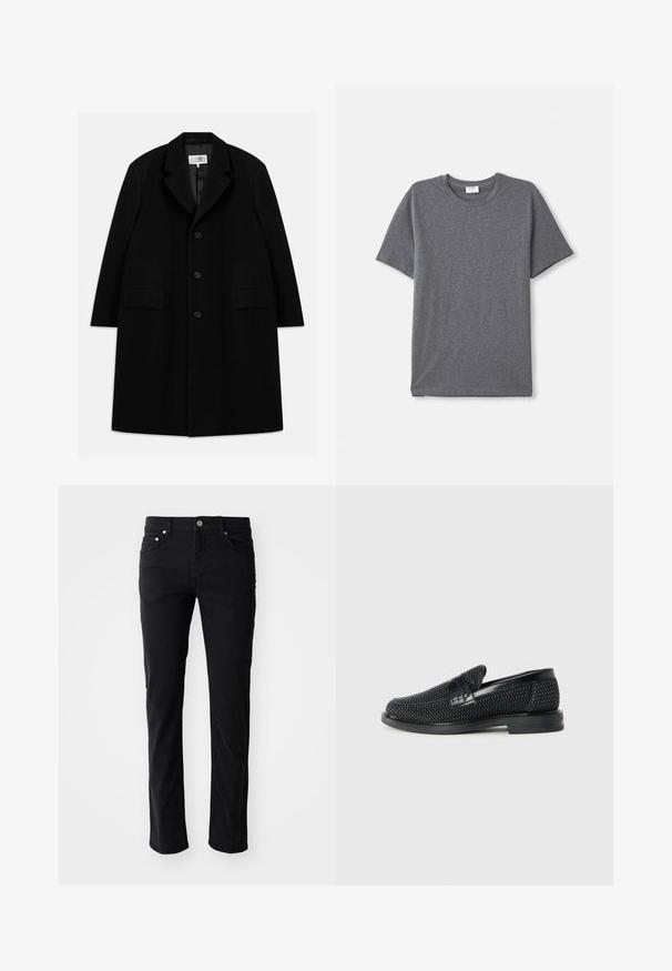 Cappotto in lana nera con colletto a risvolto, cinque bottoni, due tasche frontali e una texture liscia, che arriva a lunghezza fino a metà coscia.; T-shirt grigio a maniche corte realizzato in tessuto morbido e liscio. Collo rotondo classico con una vestibilità comoda e senza caratteristiche di design prominenti.; Jeans in denim nero con un design a gamba dritta, dotati di chiusura con bottone frontale, cinque tasche e dettagli di cucitura discreti.; Scarpa nera a mocassino intrecciata con un accentuato in pelle liscia sulla parte superiore, design a punta rotonda e suola in gomma a profilo basso.